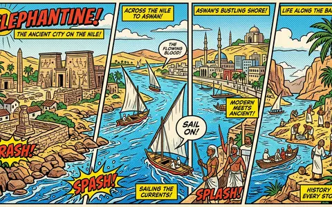 Pop-Art-Comicillustration des Wahrzeichens Elephantine-Insel in Assuan Agypten, kraeftige Konturen Rasterpunkte und satte Farben - Foto: THN