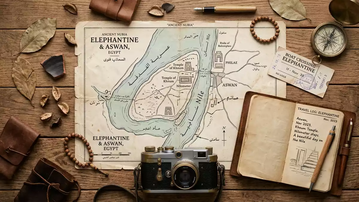 Flatlay-Reise-Arrangement rund um Elephantine-Insel in Assuan, Agypten