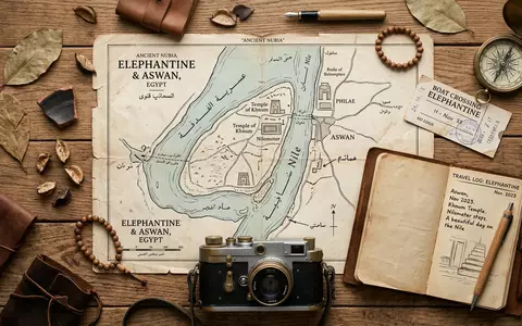 Flatlay-Reise-Arrangement rund um Elephantine-Insel in Assuan Agypten, Karte Kompass Kamera und generische Reiserequisiten - Foto: THN