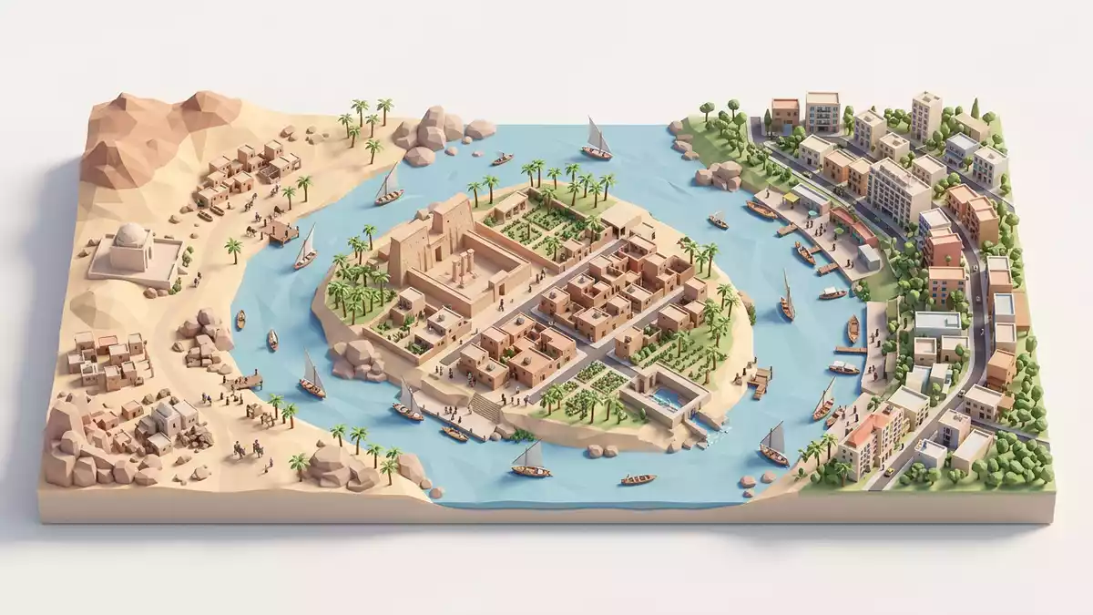 Isometrisches Diorama von Elephantine-Insel in Assuan, Agypten in Pastell