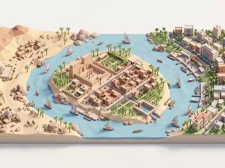 Isometrisches Diorama von Elephantine-Insel und Umgebung in Assuan Agypten, verspielte Low-Poly-Kulisse in Pastellfarben - Foto: THN