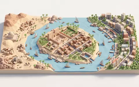 Isometrisches Diorama von Elephantine-Insel und Umgebung in Assuan Agypten, verspielte Low-Poly-Kulisse in Pastellfarben - Foto: THN