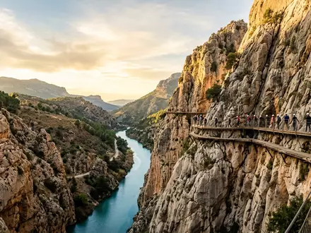 Fotorealistische Panoramaaufnahme von Caminito del Rey in Ardales Spanien, warmes Abendlicht auf Wahrzeichen - Foto: THN
