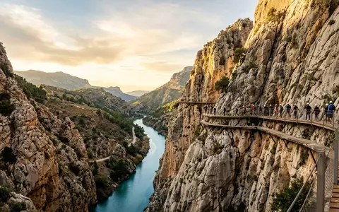 Fotorealistische Panoramaaufnahme von Caminito del Rey in Ardales Spanien, warmes Abendlicht auf Wahrzeichen - Foto: THN