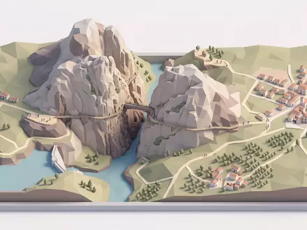Isometrisches Diorama von Caminito del Rey und Umgebung in Ardales Spanien, verspielte Low-Poly-Kulisse in Pastellfarben - Foto: THN