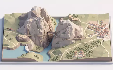 Isometrisches Diorama von Caminito del Rey und Umgebung in Ardales Spanien, verspielte Low-Poly-Kulisse in Pastellfarben - Foto: THN