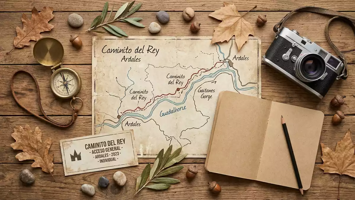 Flatlay-Reise-Arrangement rund um Caminito del Rey in Ardales, Spanien
