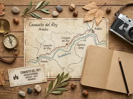 Flatlay-Reise-Arrangement rund um Caminito del Rey in Ardales Spanien, Karte Kompass Kamera und generische Reiserequisiten - Foto: THN