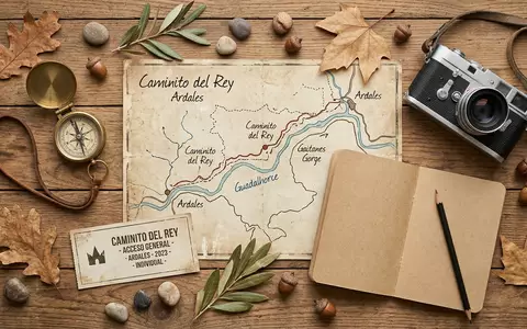 Flatlay-Reise-Arrangement rund um Caminito del Rey in Ardales Spanien, Karte Kompass Kamera und generische Reiserequisiten - Foto: THN