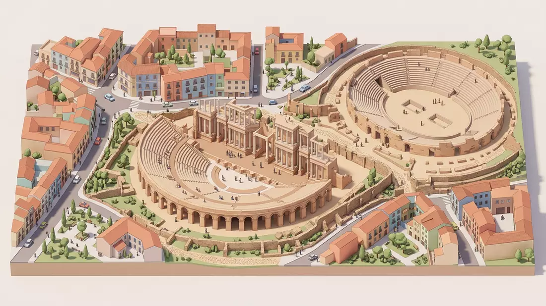 Isometrisches Diorama von Romisches Theater Merida in Merida, Spanien in Pastell