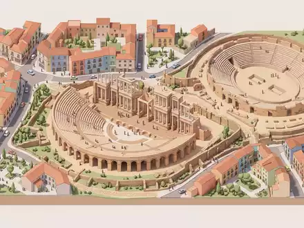 Isometrisches Diorama von Romisches Theater Merida und Umgebung in Merida Spanien, verspielte Low-Poly-Kulisse in Pastellfarben - Foto: THN