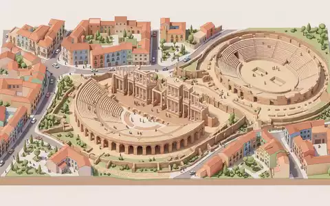 Isometrisches Diorama von Romisches Theater Merida und Umgebung in Merida Spanien, verspielte Low-Poly-Kulisse in Pastellfarben - Foto: THN