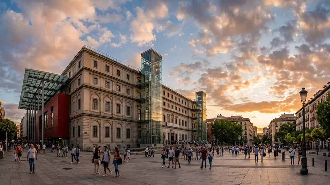 Fotorealistische Ansicht von Museo Reina Sofia in Madrid, Spanien im Abendlicht