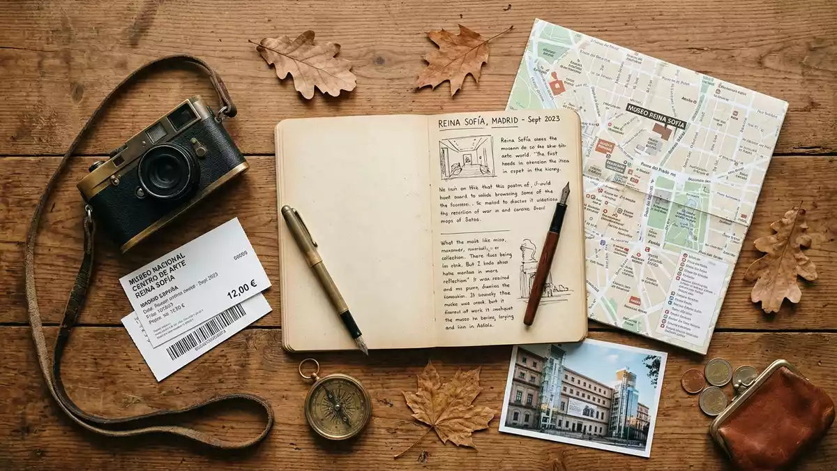Flatlay-Reise-Arrangement rund um Museo Reina Sofia in Madrid, Spanien