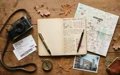Flatlay-Reise-Arrangement rund um Museo Reina Sofia in Madrid Spanien, Karte Kompass Kamera und generische Reiserequisiten - Foto: THN