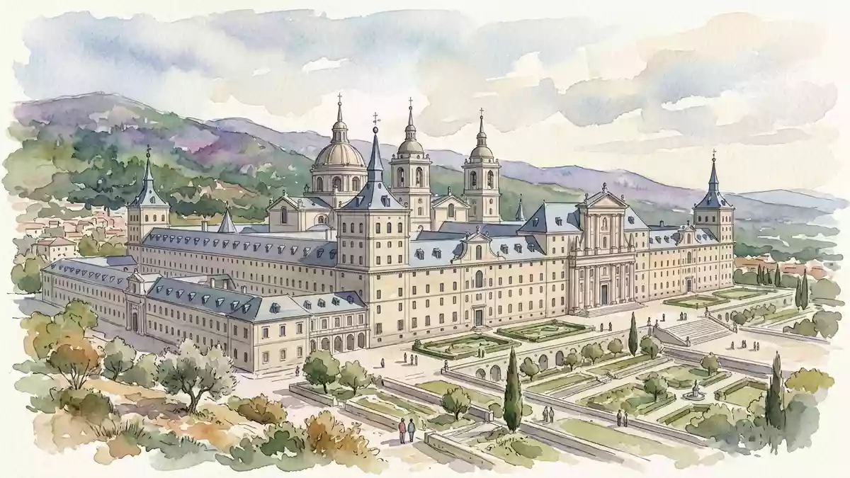 Aquarell-Illustration von Kloster El Escorial in San Lorenzo de El Escorial, Spanien als Rei…