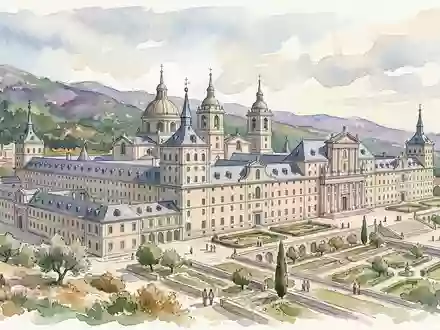 Aquarellillustration des Wahrzeichens Kloster El Escorial in San Lorenzo de El Escorial Spanien, weiche Farbverläufe - Foto: THN