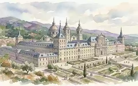 Aquarellillustration des Wahrzeichens Kloster El Escorial in San Lorenzo de El Escorial Spanien, weiche Farbverläufe - Foto: THN