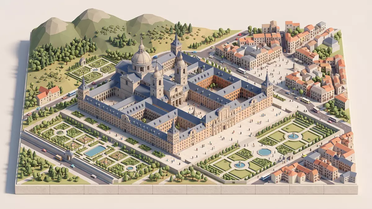 Isometrisches Diorama von Kloster El Escorial in San Lorenzo de El Escorial, Spanien in Pastell
