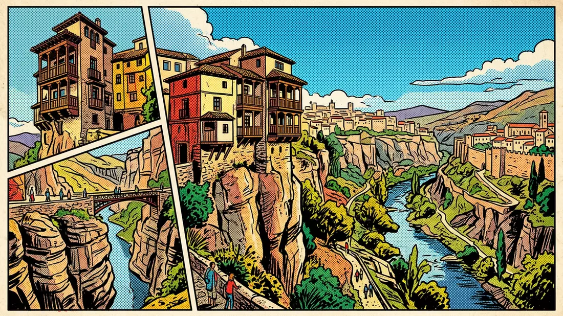 Pop-Art-Comic von Hangende Hauser von Cuenca in Cuenca, Spanien mit Rasterpunkten