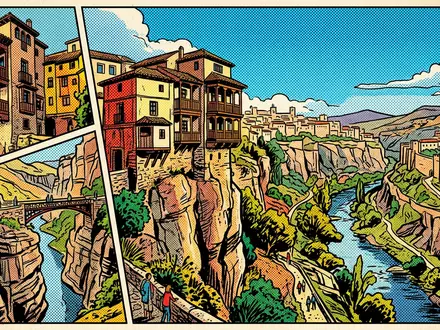 Pop-Art-Comicillustration des Wahrzeichens Hangende Hauser von Cuenca in Cuenca Spanien, kraeftige Konturen Rasterpunkte und satte - Foto: THN