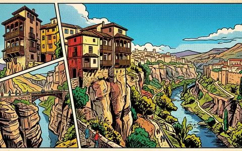 Pop-Art-Comicillustration des Wahrzeichens Hangende Hauser von Cuenca in Cuenca Spanien, kraeftige Konturen Rasterpunkte und satte - Foto: THN