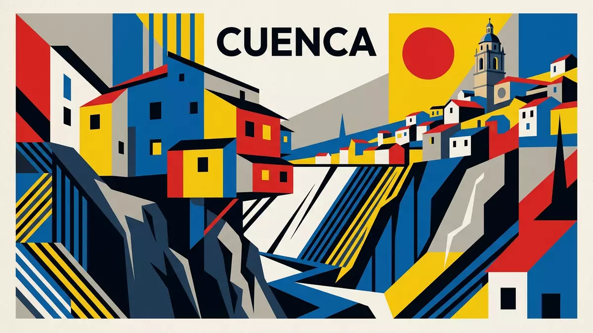 Bauhaus-Poster als Abstraktion von Hangende Hauser von Cuenca in Cuenca, Spanien