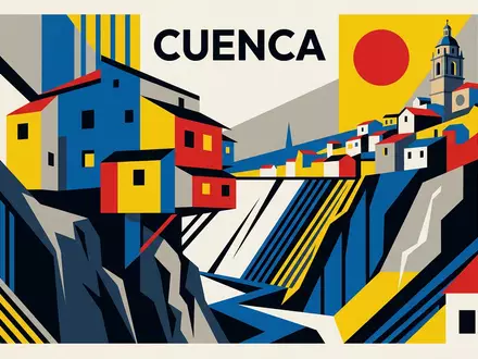 Bauhaus-Poster als geometrische Abstraktion von Hangende Hauser von Cuenca in Cuenca Spanien, kraeftige Grundfarben und - Foto: THN