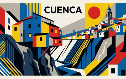 Bauhaus-Poster als geometrische Abstraktion von Hangende Hauser von Cuenca in Cuenca Spanien, kraeftige Grundfarben und - Foto: THN