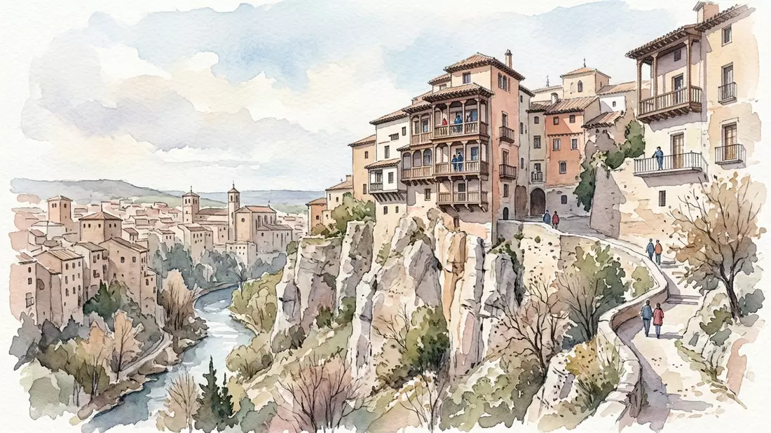 Aquarell-Illustration von Hangende Hauser von Cuenca in Cuenca, Spanien als Reiseposter