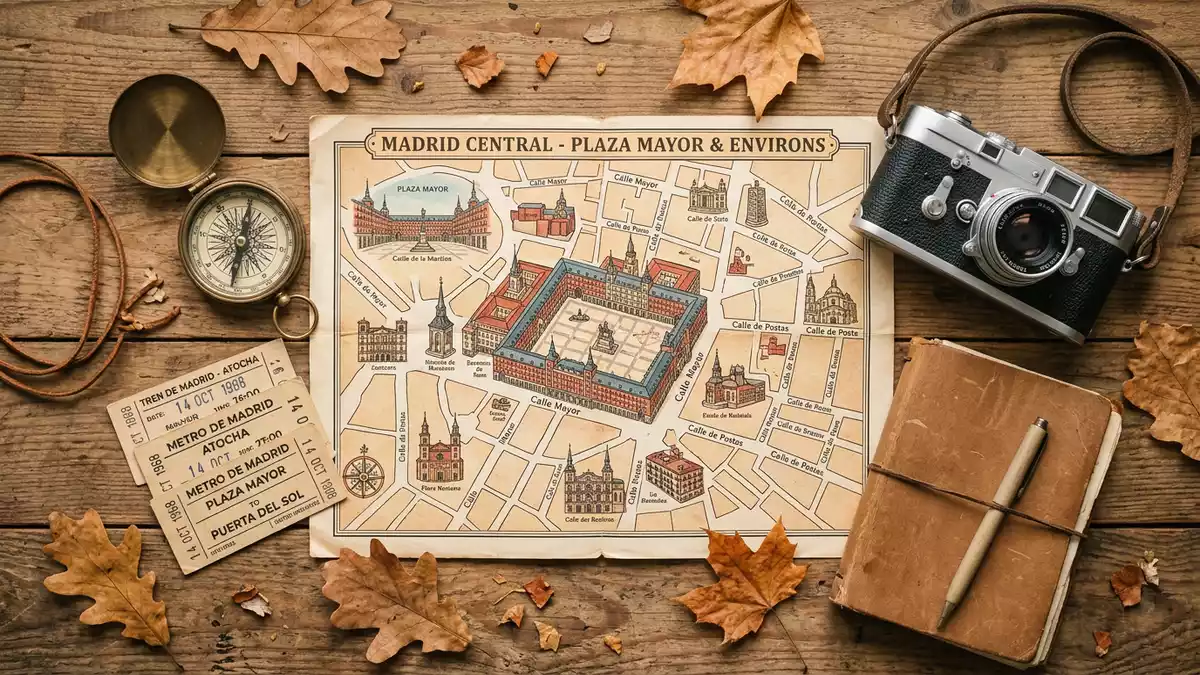 Flatlay-Reise-Arrangement rund um Plaza Mayor Madrid in Madrid, Spanien