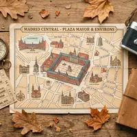 Flatlay-Reise-Arrangement rund um Plaza Mayor Madrid in Madrid Spanien, Karte Kompass Kamera und generische Reiserequisiten - Foto: THN