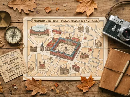 Flatlay-Reise-Arrangement rund um Plaza Mayor Madrid in Madrid Spanien, Karte Kompass Kamera und generische Reiserequisiten - Foto: THN