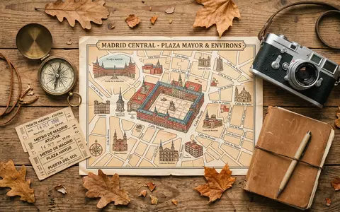 Flatlay-Reise-Arrangement rund um Plaza Mayor Madrid in Madrid Spanien, Karte Kompass Kamera und generische Reiserequisiten - Foto: THN
