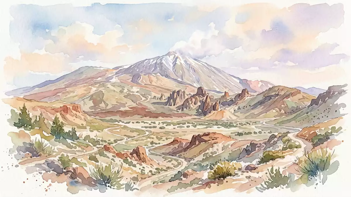 Aquarell-Illustration von Teide-Nationalpark in Teneriffa, Spanien als Reiseposter
