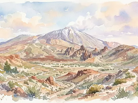 Aquarellillustration des Wahrzeichens Teide-Nationalpark in Teneriffa Spanien, weiche Farbverläufe und pastelliges Reiseposter-Feeling - Foto: THN