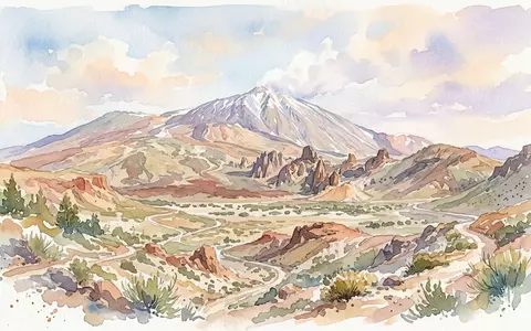 Aquarellillustration des Wahrzeichens Teide-Nationalpark in Teneriffa Spanien, weiche FarbverlÀufe und pastelliges Reiseposter-Feeling - Foto: THN