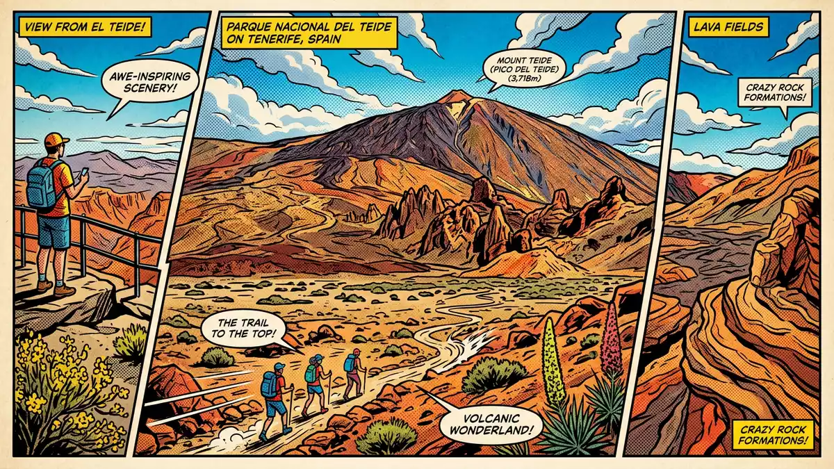 Pop-Art-Comic von Teide-Nationalpark in Teneriffa, Spanien mit Rasterpunkten