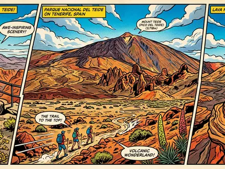 Pop-Art-Comicillustration des Wahrzeichens Teide-Nationalpark in Teneriffa Spanien, kraeftige Konturen Rasterpunkte und satte Farben - Foto: THN