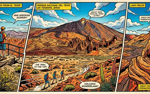 Pop-Art-Comicillustration des Wahrzeichens Teide-Nationalpark in Teneriffa Spanien, kraeftige Konturen Rasterpunkte und satte Farben - Foto: THN