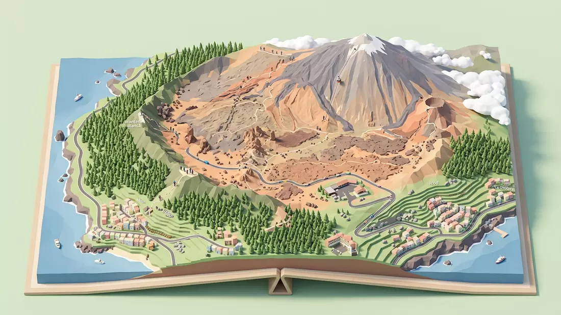 Isometrisches Diorama von Teide-Nationalpark in Teneriffa, Spanien in Pastell