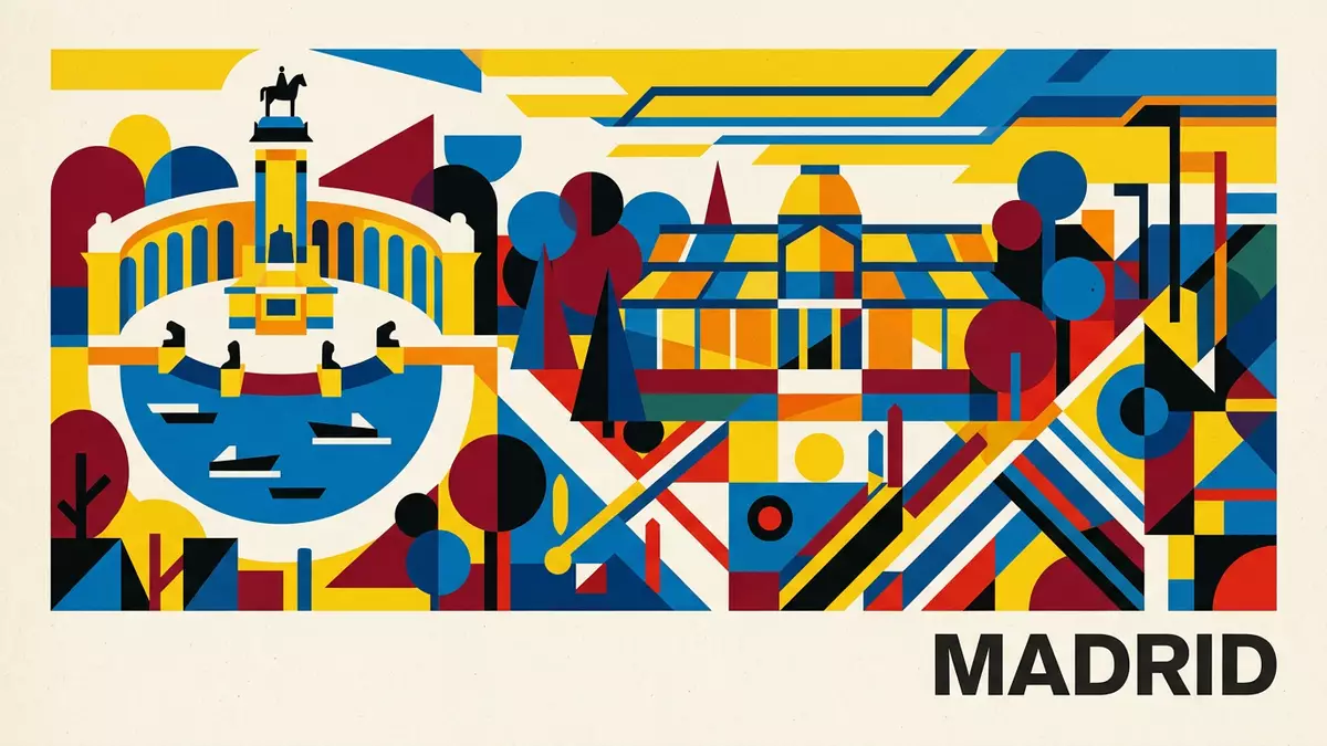 Bauhaus-Poster als Abstraktion von Retiro-Park Madrid in Madrid, Spanien