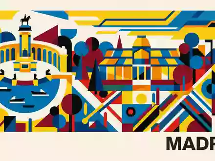 Bauhaus-Poster als geometrische Abstraktion von Retiro-Park Madrid in Madrid Spanien, kraeftige Grundfarben und harte Formkanten - Foto: THN
