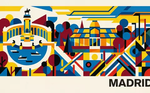 Bauhaus-Poster als geometrische Abstraktion von Retiro-Park Madrid in Madrid Spanien, kraeftige Grundfarben und harte Formkanten - Foto: THN