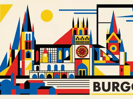 Bauhaus-Poster als geometrische Abstraktion von Kathedrale von Burgos in Burgos Spanien, kraeftige Grundfarben und harte - Foto: THN