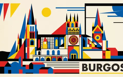 Bauhaus-Poster als geometrische Abstraktion von Kathedrale von Burgos in Burgos Spanien, kraeftige Grundfarben und harte - Foto: THN