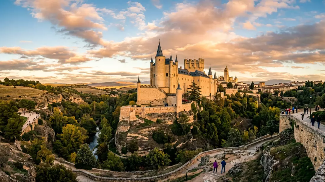 Fotorealistische Ansicht von Alcazar von Segovia in Segovia, Spanien im Abendlicht
