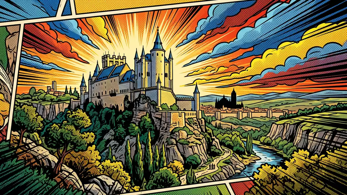 Pop-Art-Comic von Alcazar von Segovia in Segovia, Spanien mit Rasterpunkten