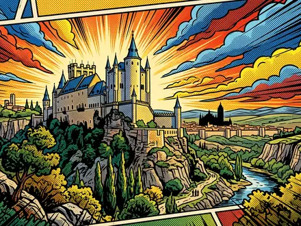 Pop-Art-Comicillustration des Wahrzeichens Alcazar von Segovia in Segovia Spanien, kraeftige Konturen Rasterpunkte und satte Farben - Foto: THN