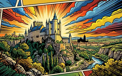 Pop-Art-Comicillustration des Wahrzeichens Alcazar von Segovia in Segovia Spanien, kraeftige Konturen Rasterpunkte und satte Farben - Foto: THN